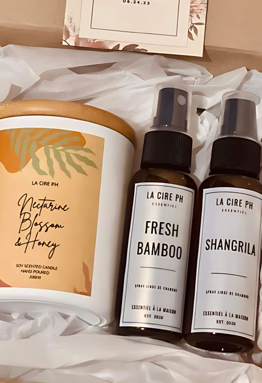 Nectarine Blossom and Honey Scented Candle  and Fresh Bamboo and Shangrila Room Spray Set