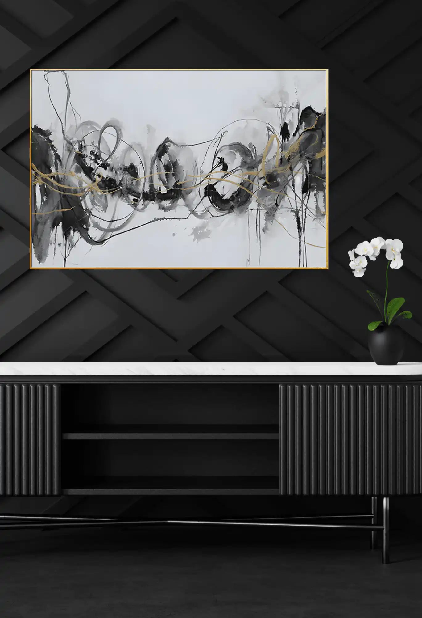 Black Gold and White Abstract Loops Oversize Canvas Print Wall Art | CP087