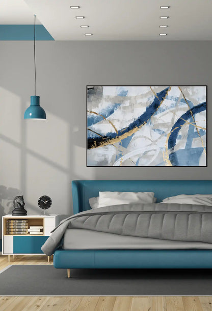Blue and Gold Abstract Swirls Oversize Canvas Print Wall Art | CP089