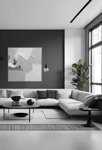 Muted Grey and White Block Abstract Hand-Painted Canvas Art | HP041