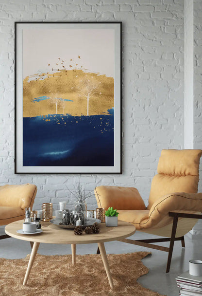 Navy Blue and Gold Abstract Trees Landscape Oversize Canvas Print Wall Art | CP096