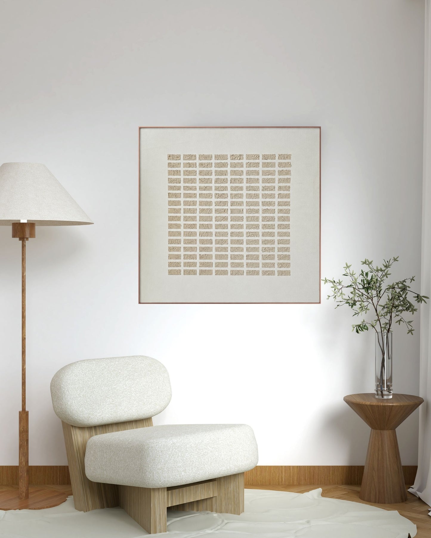 Japandi Linear Brick Textured Grid Hand-Painted Canvas Wall Art | HPS06