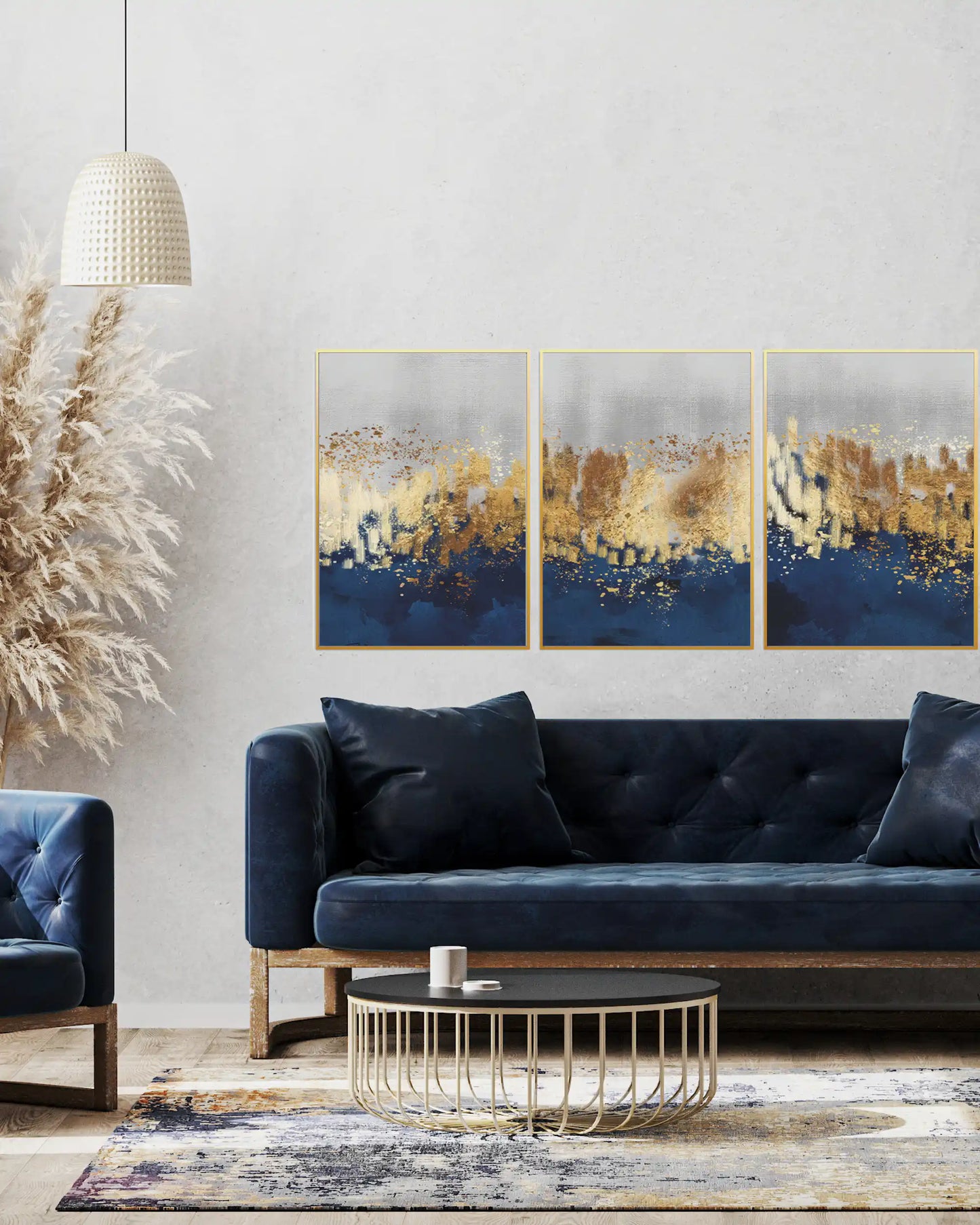 Blue and Gold Abstract Horizon Triptych Canvas Print Wall Art | CP204