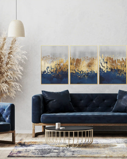 Blue and Gold Abstract Horizon Triptych Canvas Print Wall Art | CP204