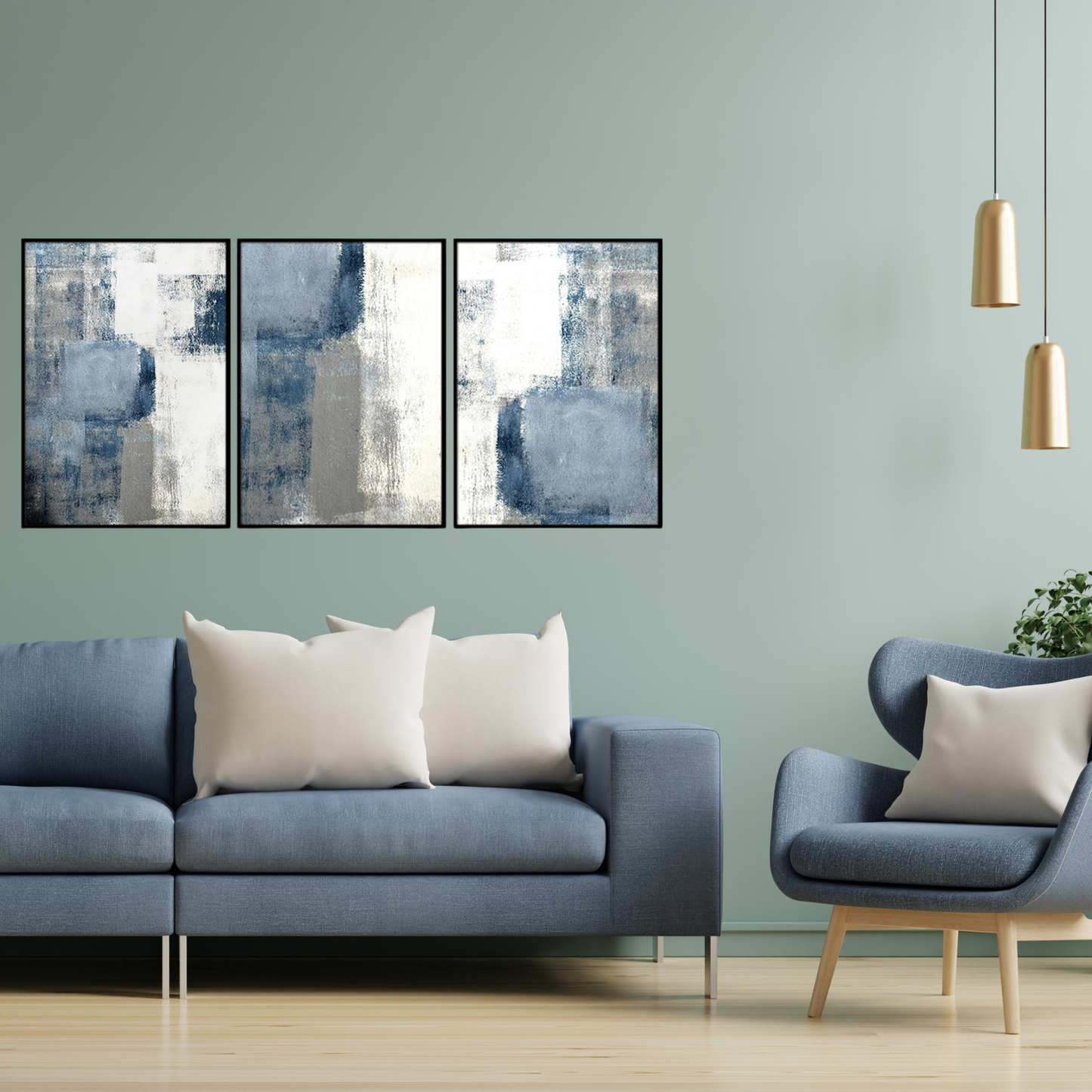 Blue Grey and White Abstract Canvas Print Wall Art 50x70 cm Set Minimalist Triptych | CP187