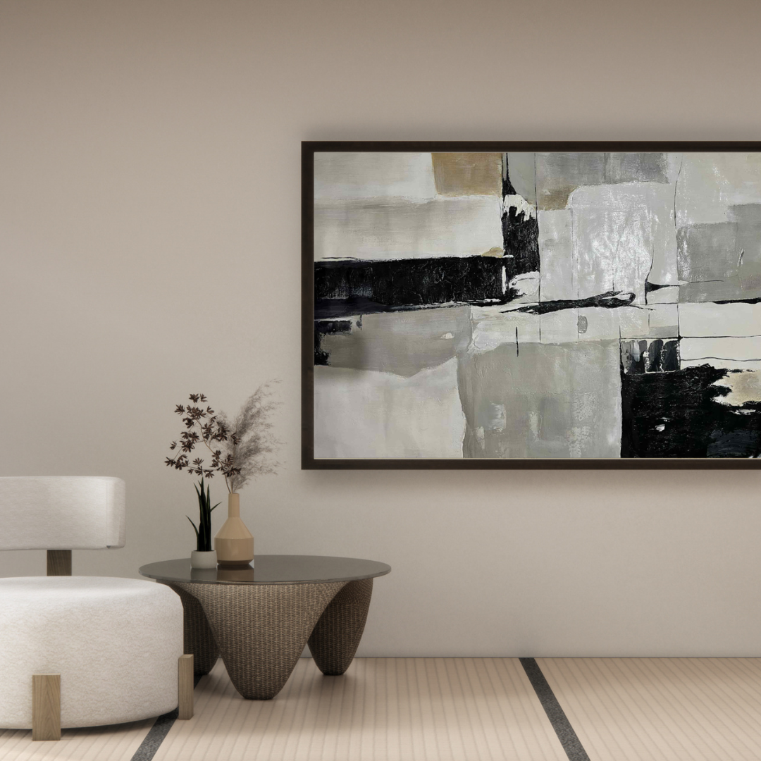 Monochrome Geometric Patchwork Hand-Painted Canvas Wall Art 85x125 cm | HP067