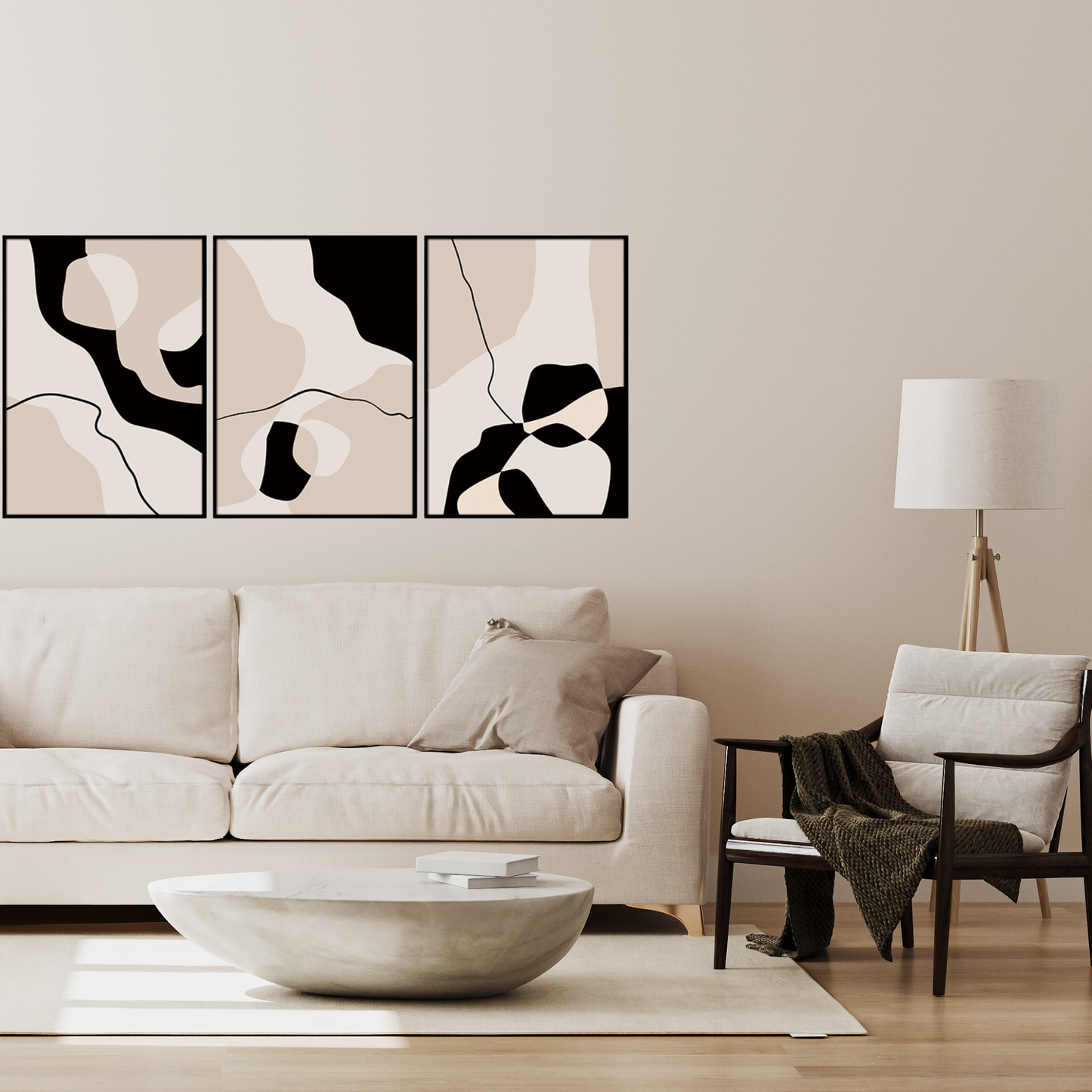 Beige Black and Cream Abstract Canvas Print Wall Art 50x70 cm Set Minimalist Triptych | CP189