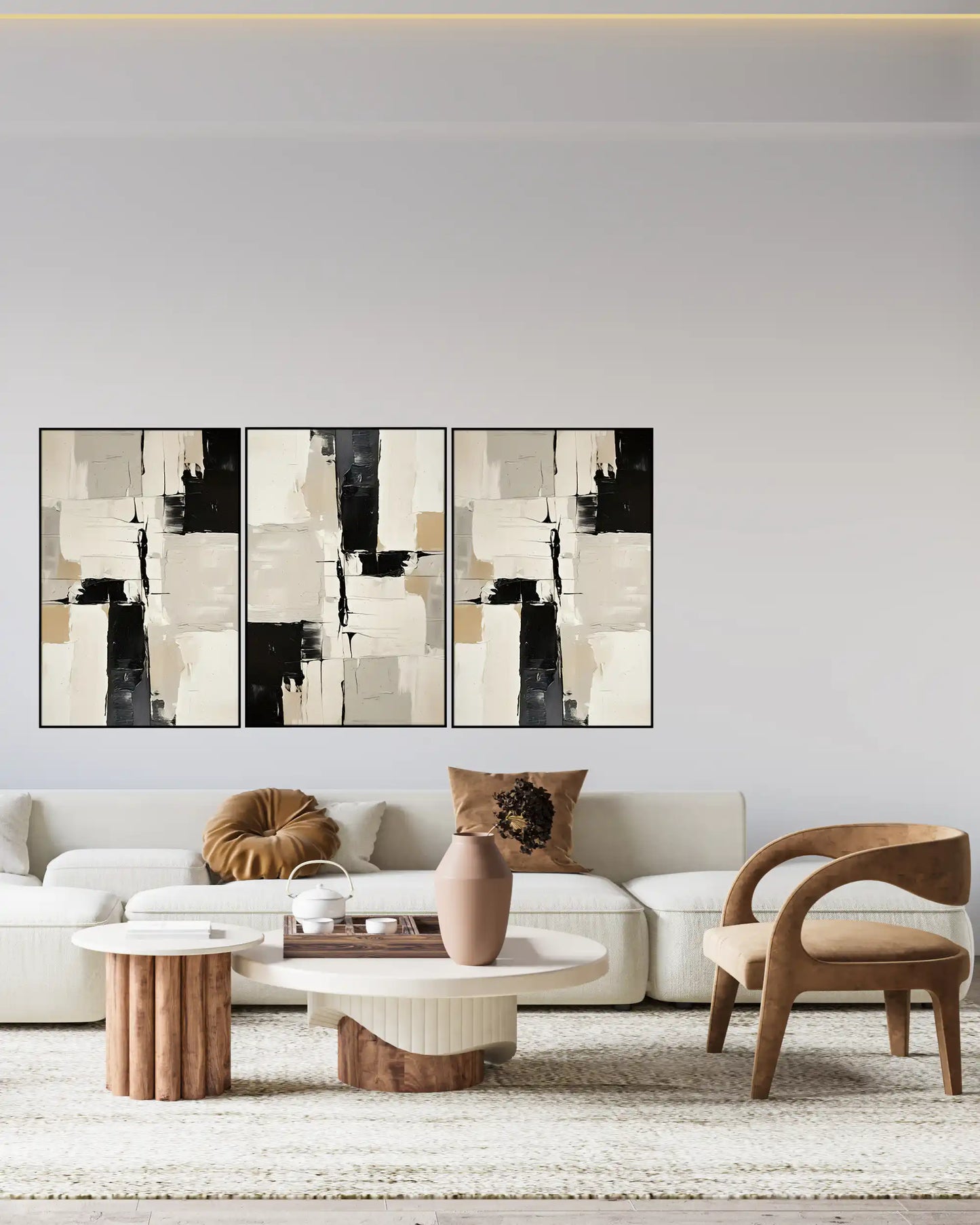 Black and Cream Abstract Block Triptych Canvas Print Wall Art | CP185