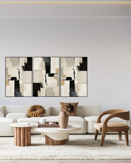 Black and Cream Abstract Block Triptych Canvas Print Wall Art | CP185