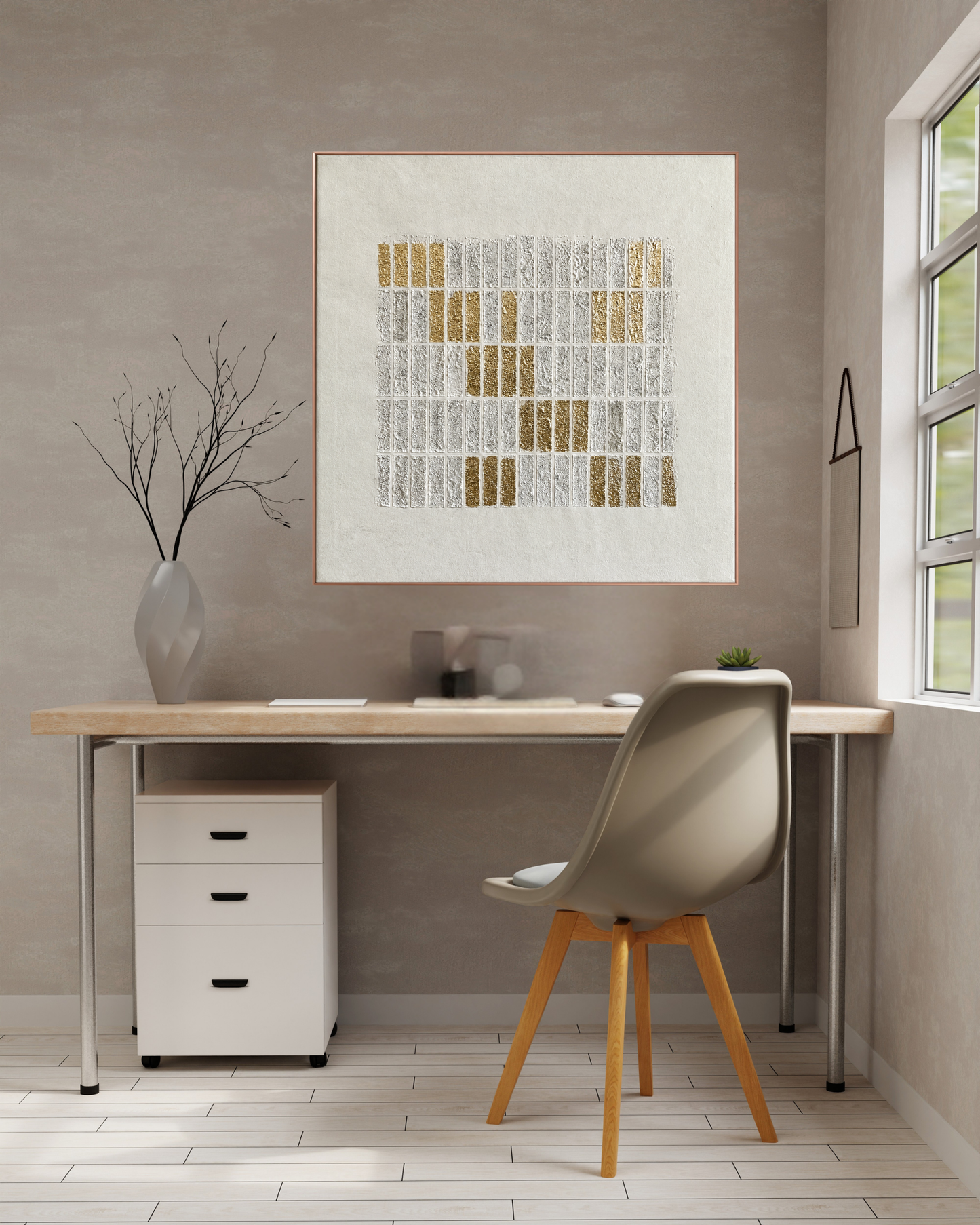 Wabi-Sabi Gold Foil Linear Textured Grid Hand-Painted Canvas Wall Art | HP0X4