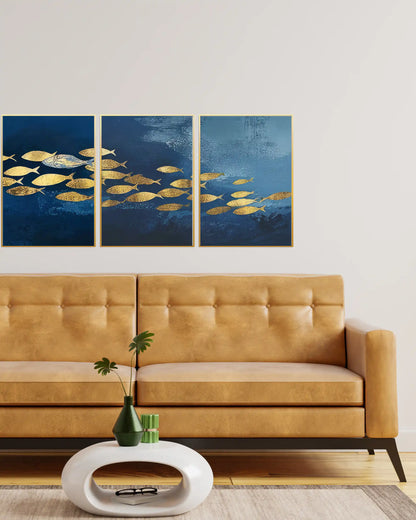 Golden School Abstract Oceanic Triptych Canvas Print Wall Art | CP203
