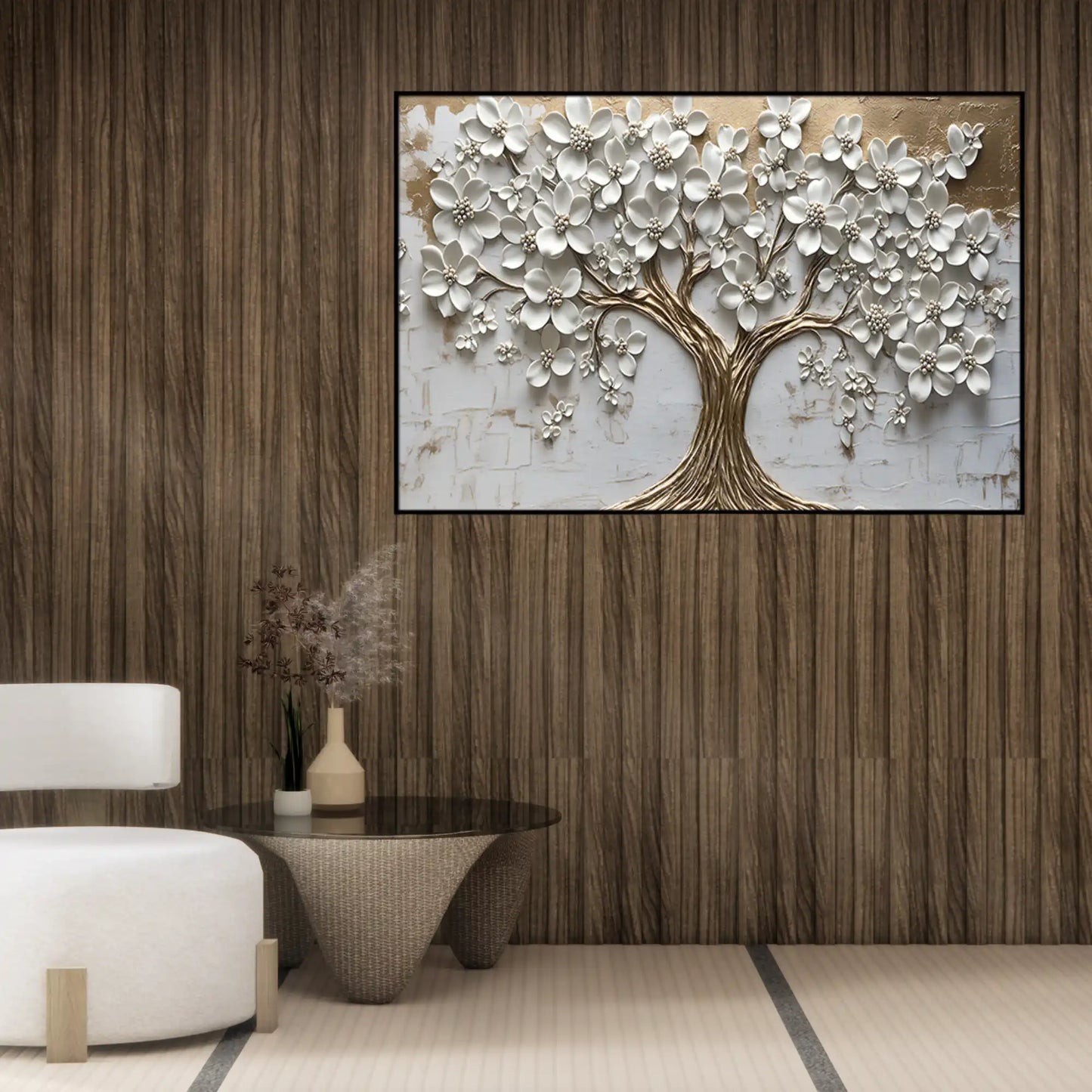 White Blossom and Gold Tree Oversize Canvas Print Wall Art | CP177