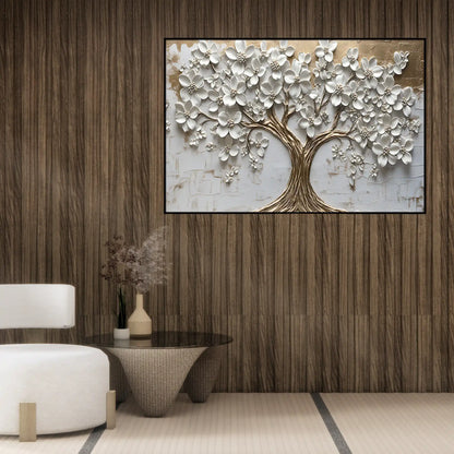 White Blossom and Gold Tree Oversize Canvas Print Wall Art | CP177