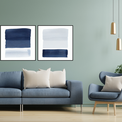Navy Blue and White Abstract Canvas Print Wall Art 80x80 cm Set Minimalist Diptych | CP193