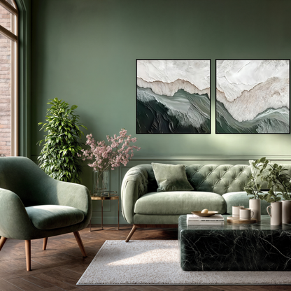 Sage Green and White Abstract Canvas Print Wall Art 80x80 cm Set Minimalist Diptych | CP194