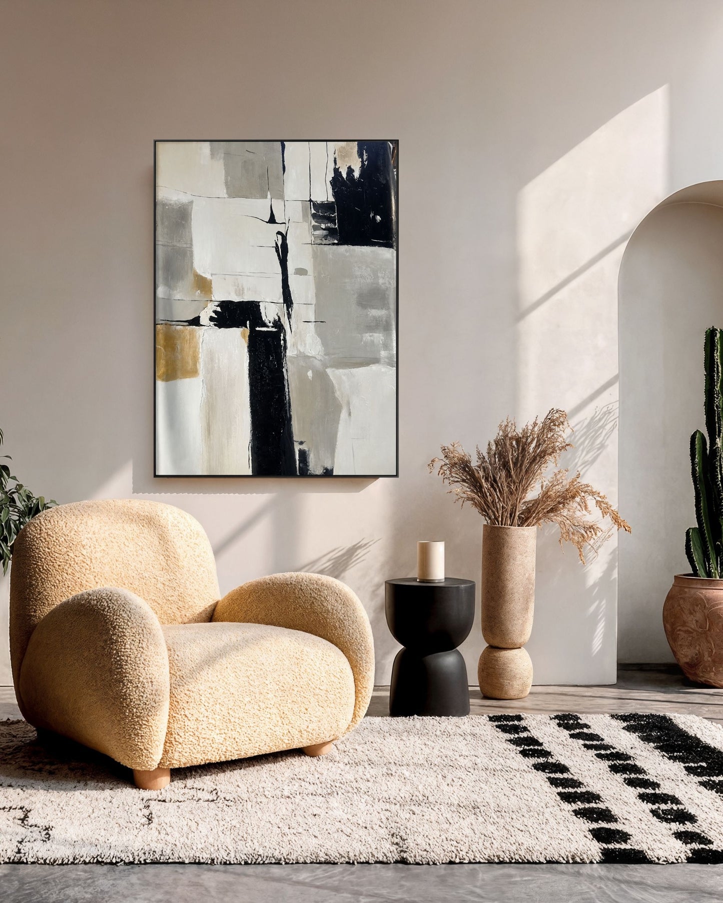 Monochrome Geometric Patchwork Hand-Painted Canvas Wall Art | HP067