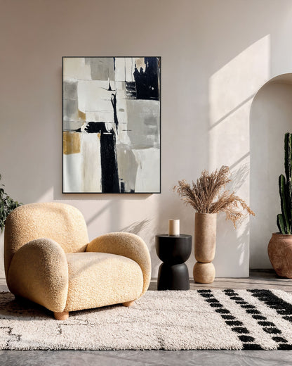 Monochrome Geometric Patchwork Hand-Painted Canvas Wall Art | HP067
