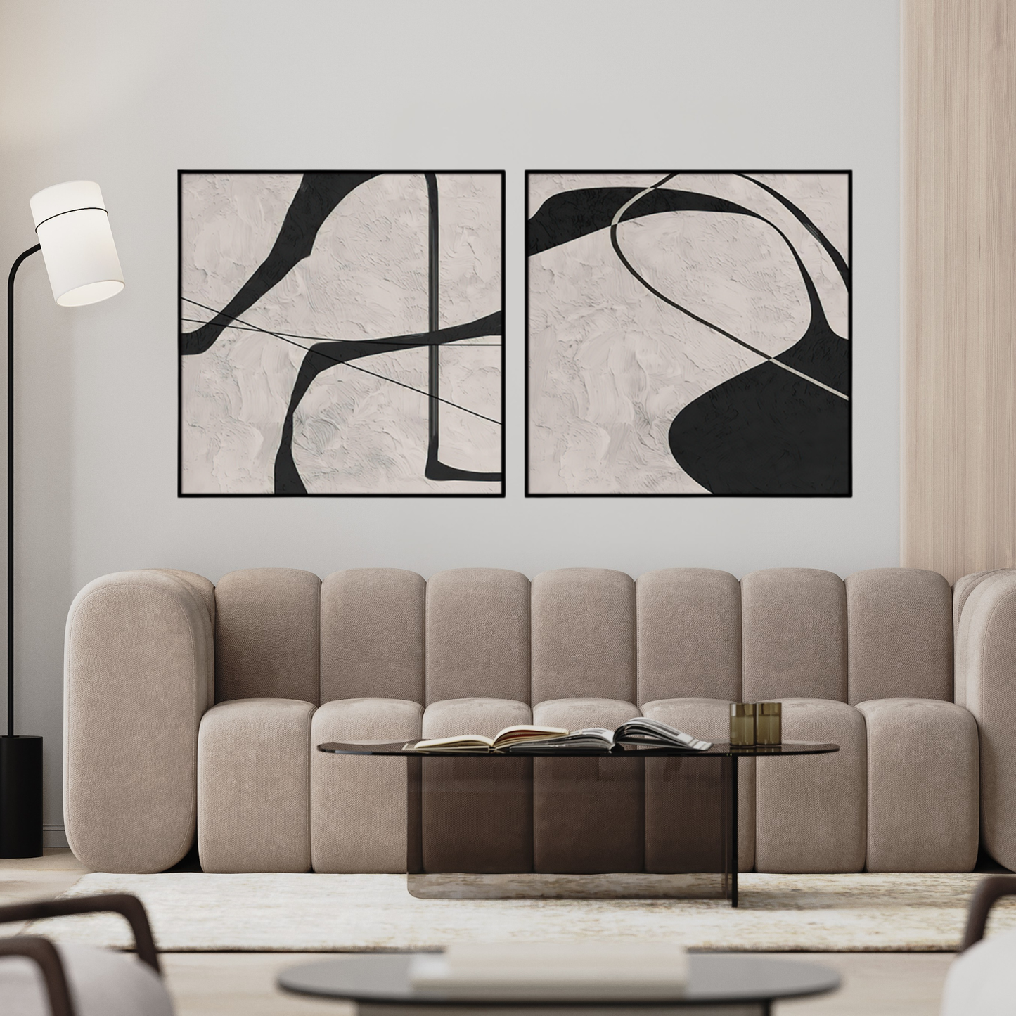Black and Beige Abstract Canvas Print Wall Art 80x80 cm Set Minimalist Diptych | CP192