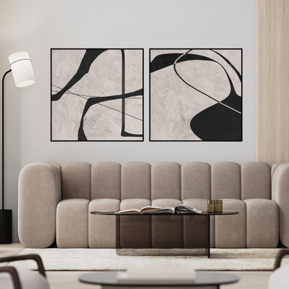 Black and Beige Abstract Canvas Print Wall Art 80x80 cm Set Minimalist Diptych | CP192