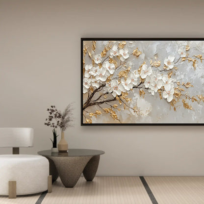 White Blossom and Gold Floral Oversize Canvas Print Wall Art | CP180