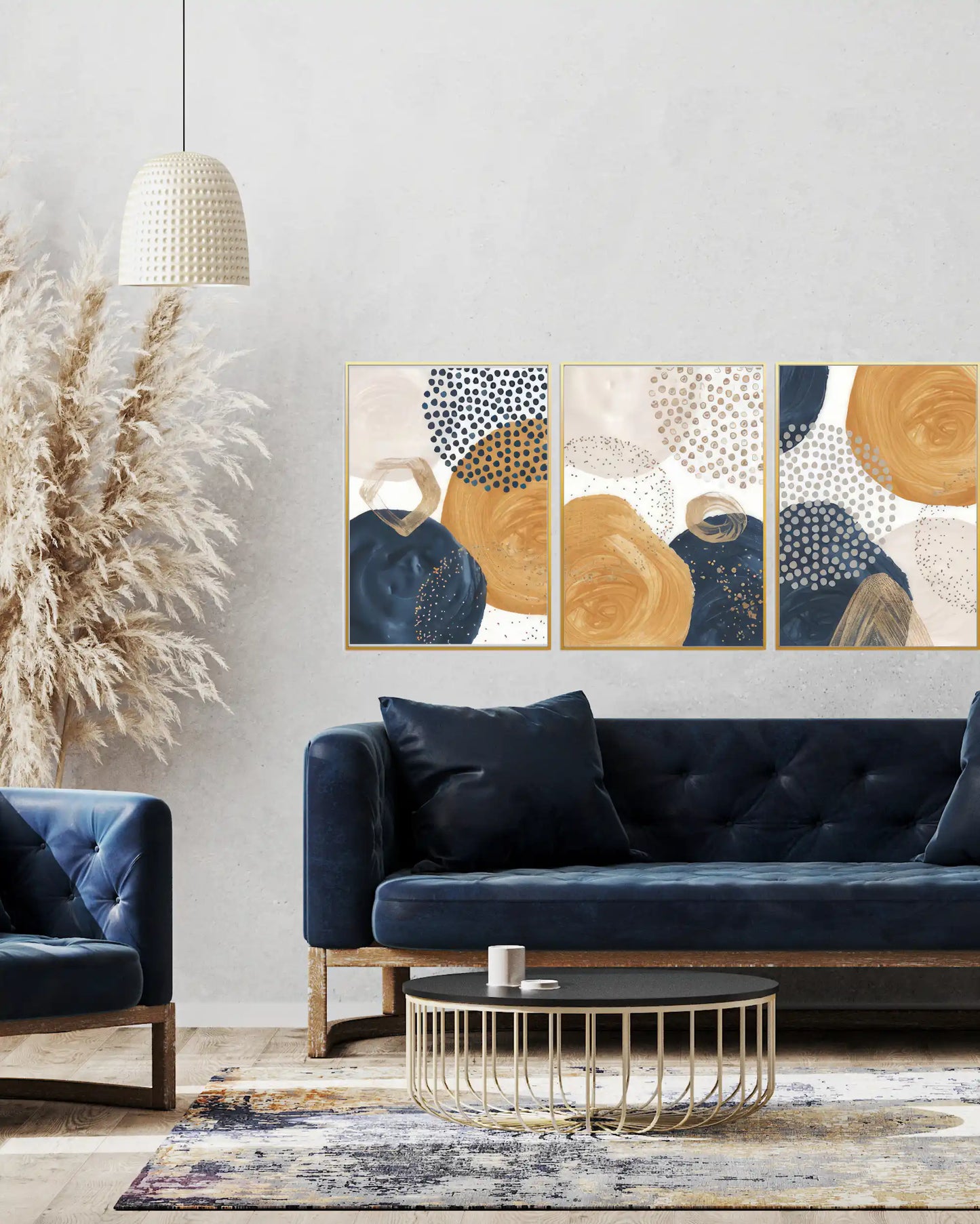 Navy Blue and Mustard Abstract Geometric Triptych Canvas Print Wall Art | CP199