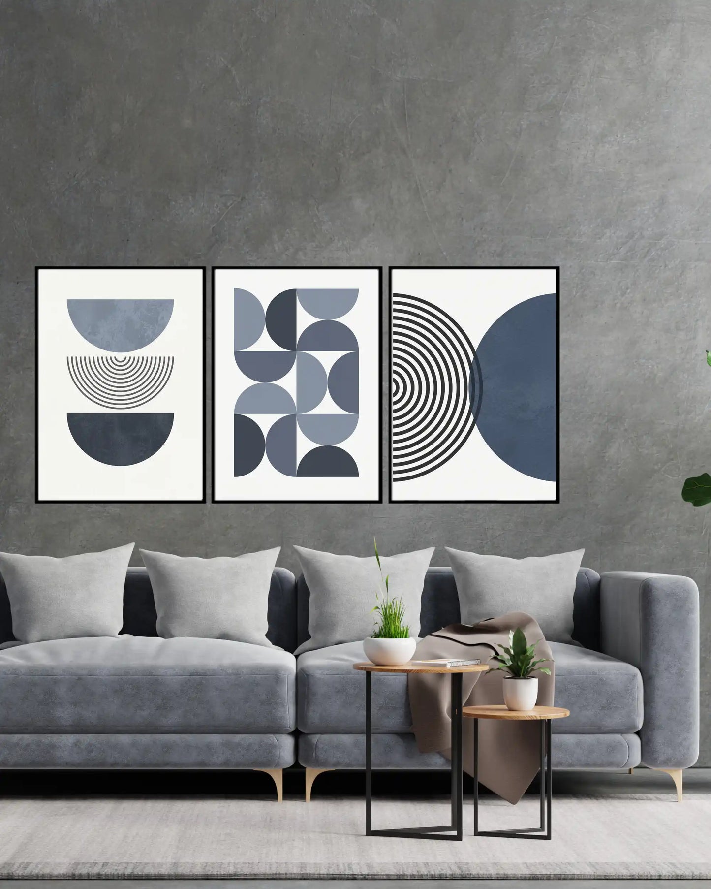Navy Blue and Denim Geometric Triptych Canvas Print Wall Art | CP205