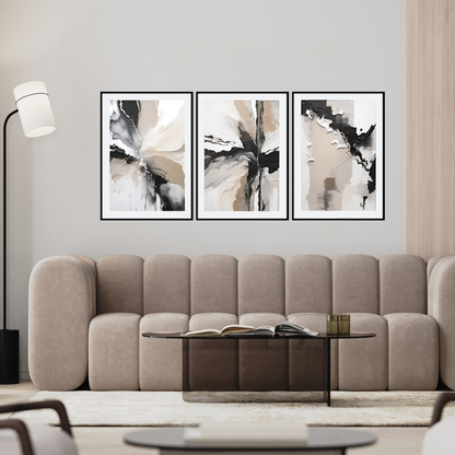 Beige Black and White Abstract Canvas Print Wall Art 50x70 cm Set Minimalist Triptych | CP190