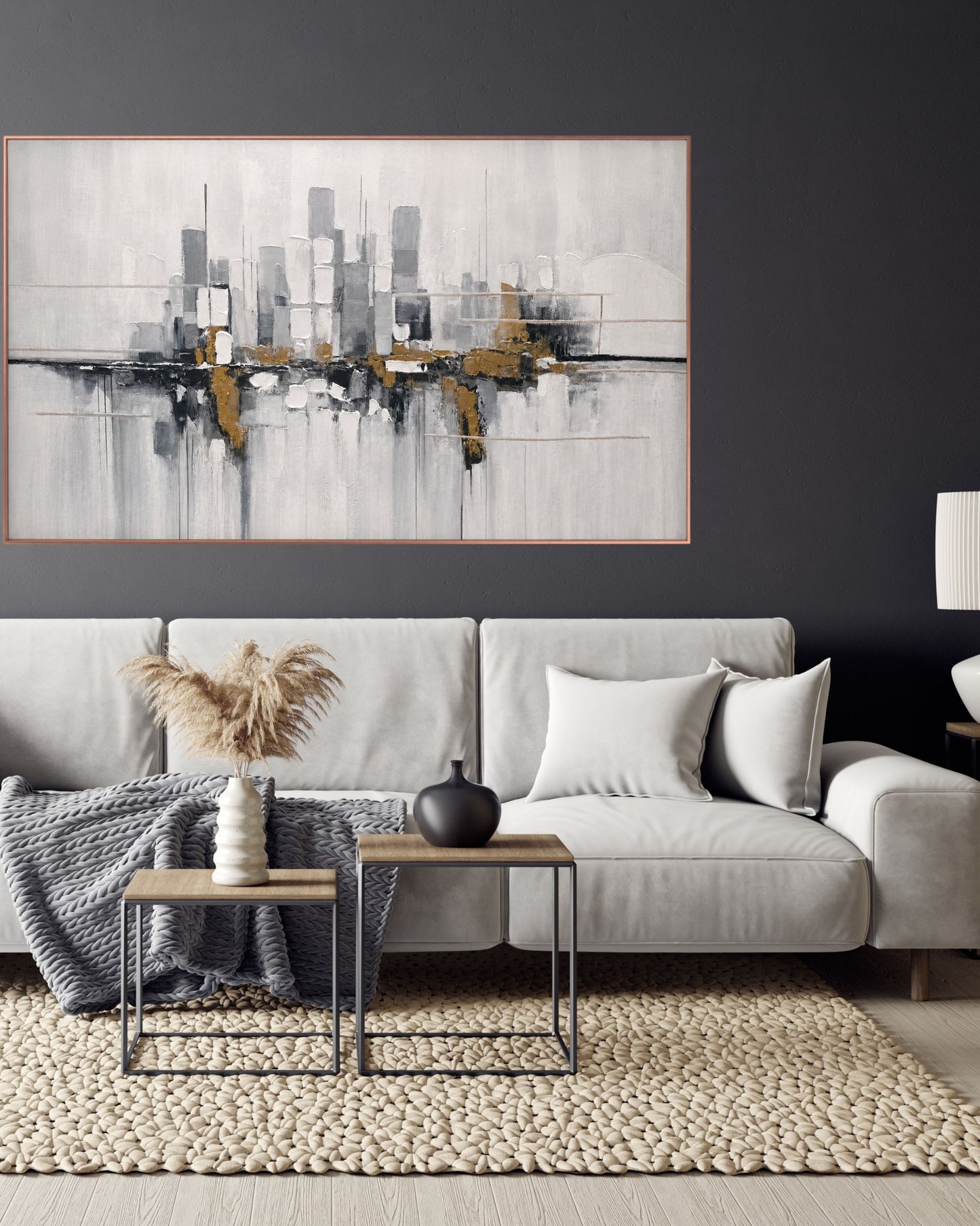 Abstract Cityscape Skyline Hand-Painted Gold Foil Canvas Wall Art | HP061