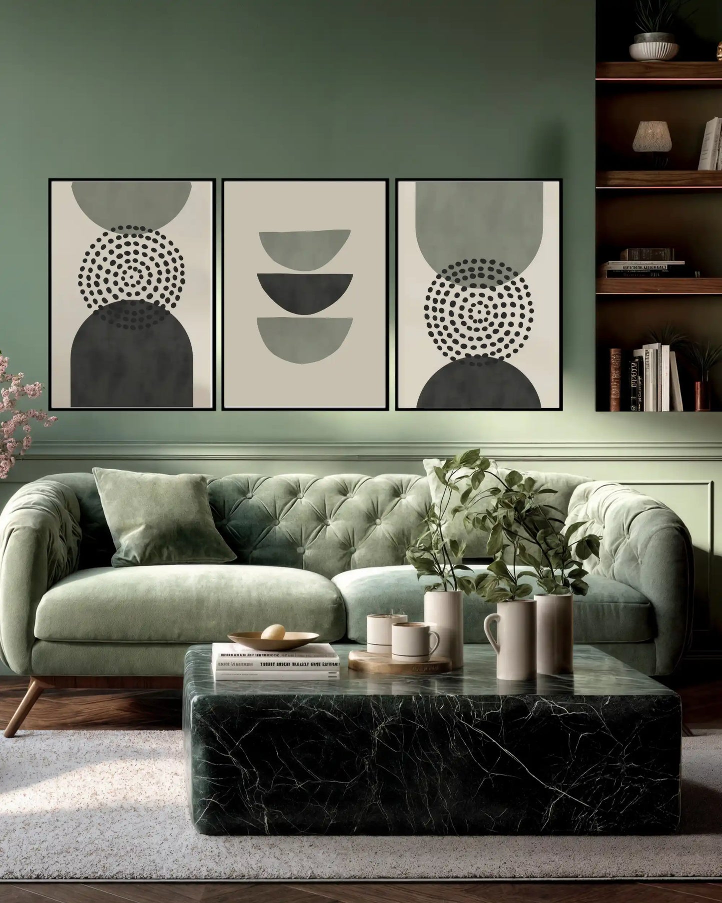 Sage Green and Charcoal Geometric Triptych Canvas Print Wall Art | CP198