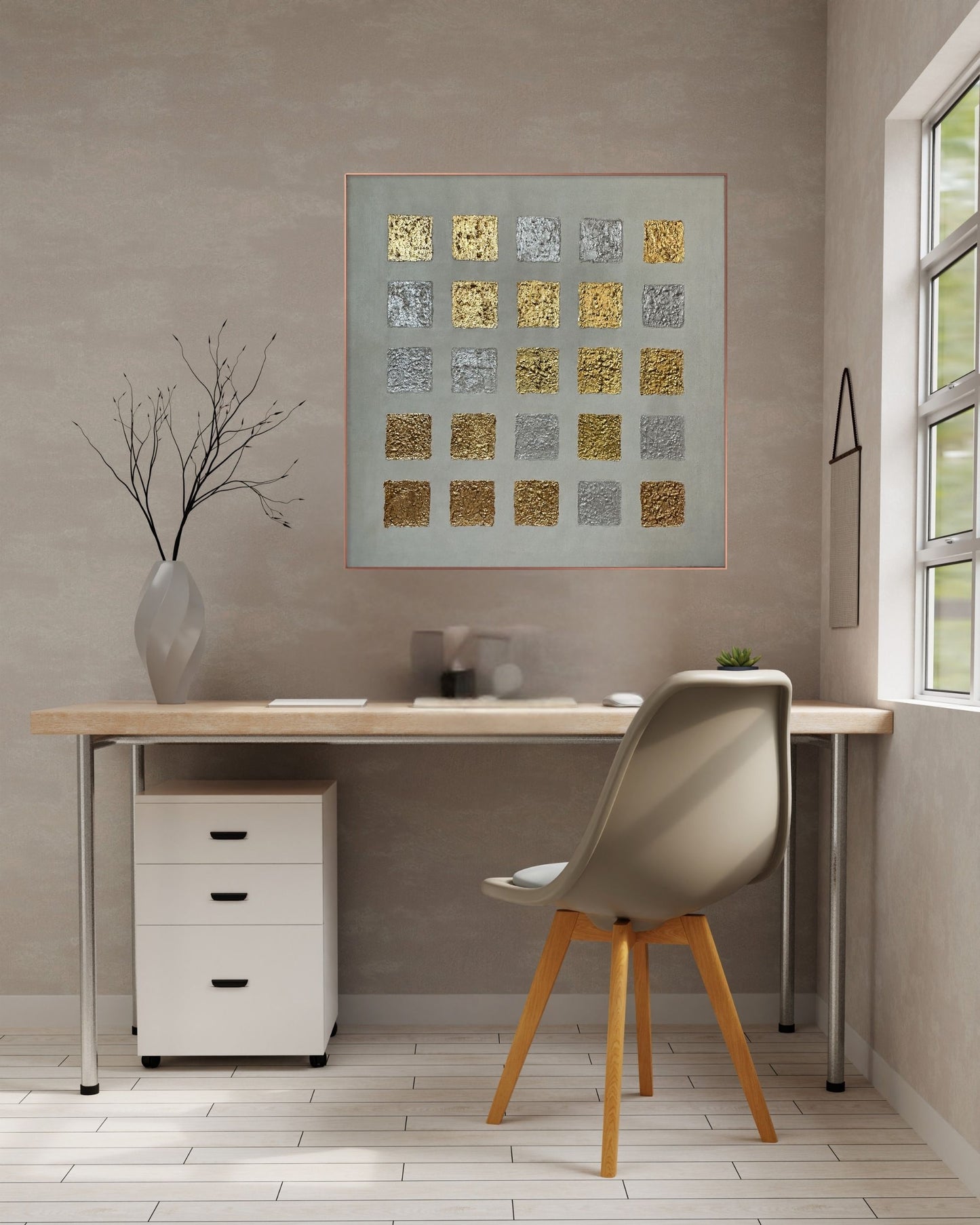 Japandi Metallic Textured Block Grid Hand-Painted Canvas Wall Art | HPS04