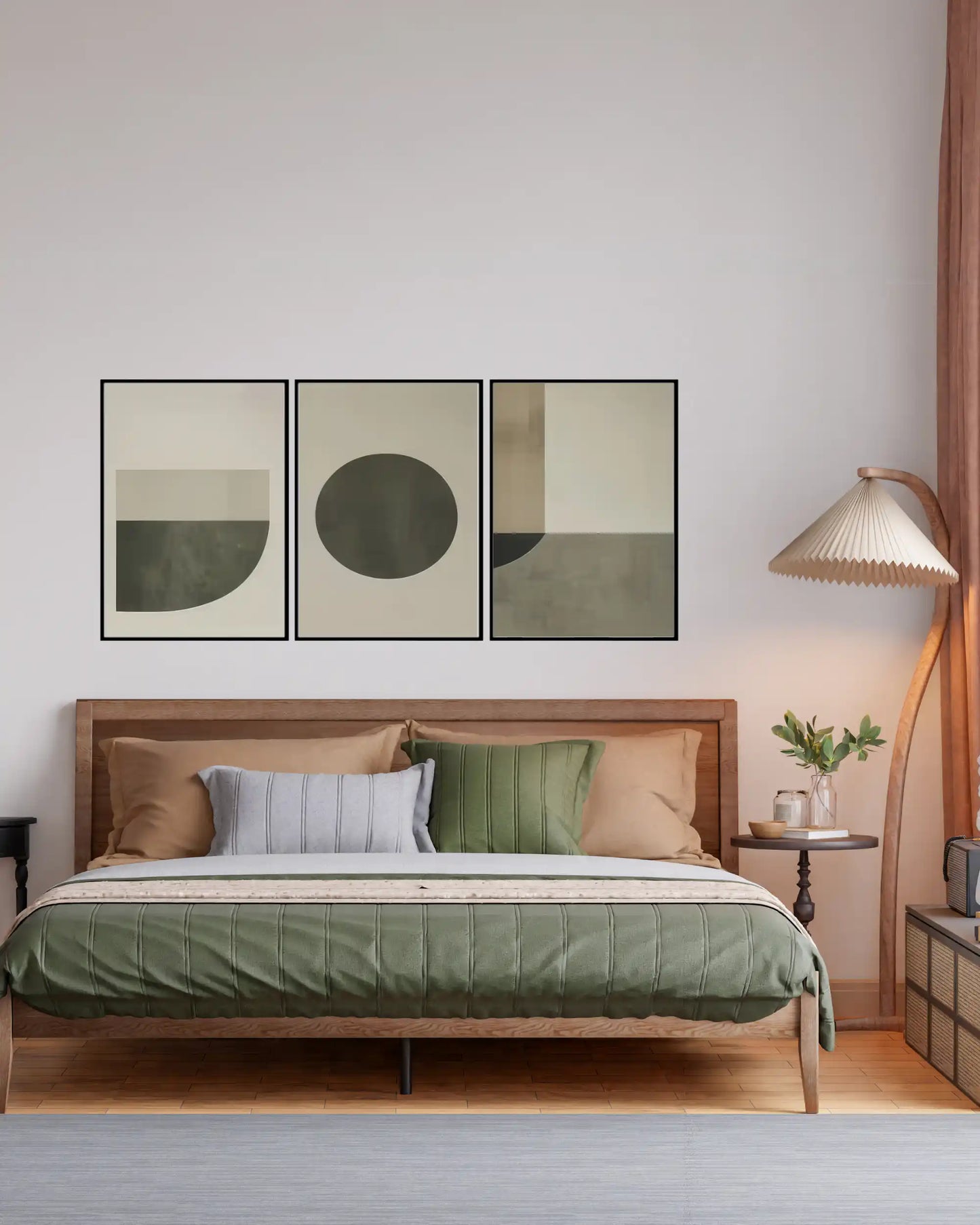 Taupe and Sage Geometric Abstract Triptych Canvas Print Wall Art | CP197