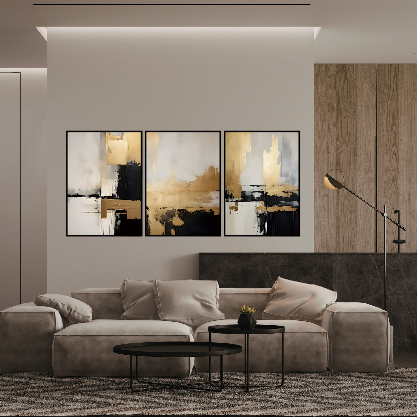 Black Gold and White Abstract Canvas Print Wall Art 50x70 cm Set Minimalist Triptych | CP186