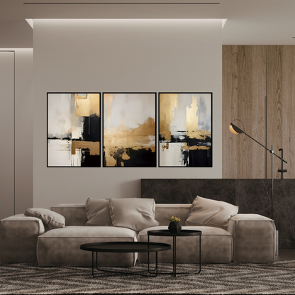 Black Gold and White Abstract Canvas Print Wall Art 50x70 cm Set Minimalist Triptych | CP186