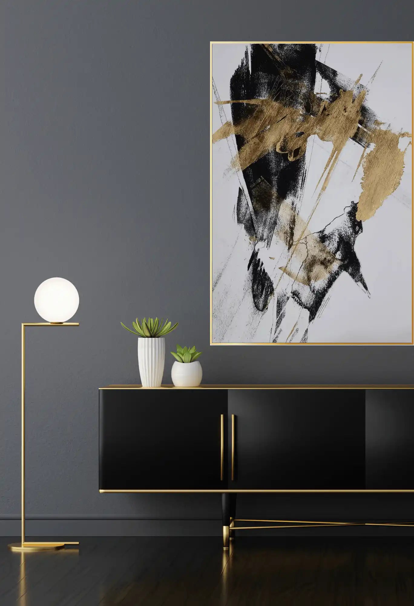 Black Gold and White Abstract Brushstrokes Oversize Canvas Print Wall Art | CP100