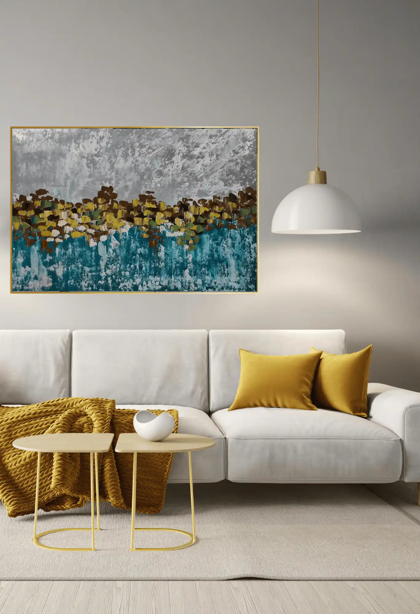 Teal and Ochre Landscape Abstract Hand-Painted Canvas Art 75x105 cm | HP012