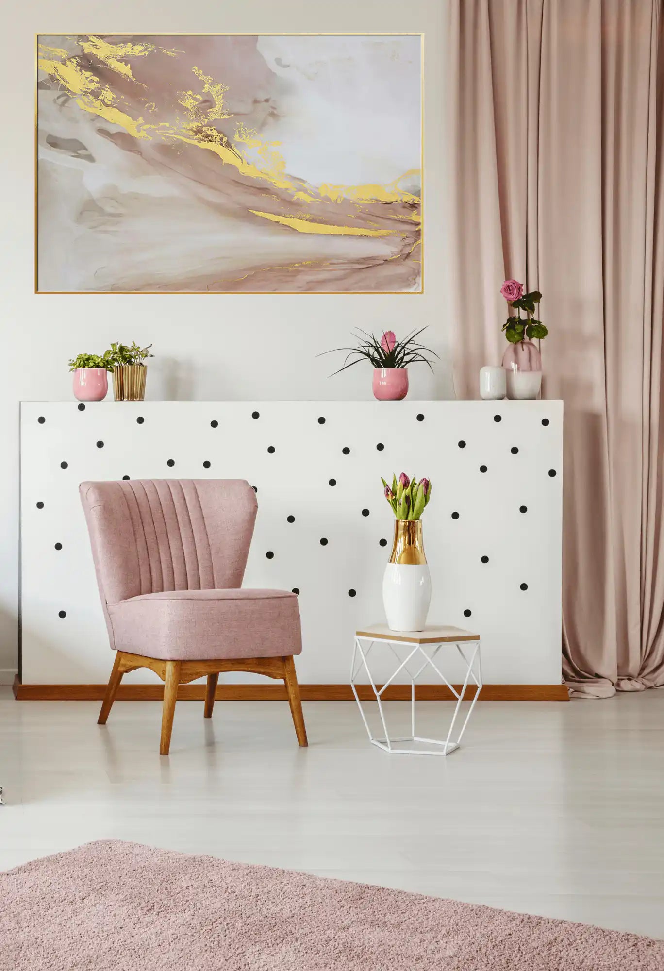 Blush Pink and Gold Abstract Waves Oversize Canvas Print Wall Art | CP104