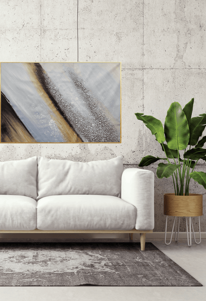 Grey and Ochre Geode Abstract Landscape Hand-Painted Canvas Art | HP056