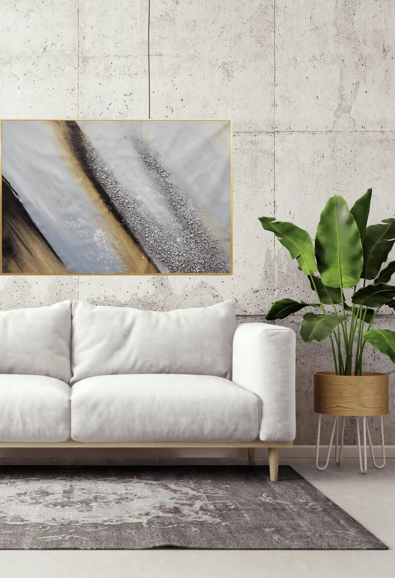Grey and Ochre Geode Abstract Landscape Hand-Painted Canvas Art | HP056