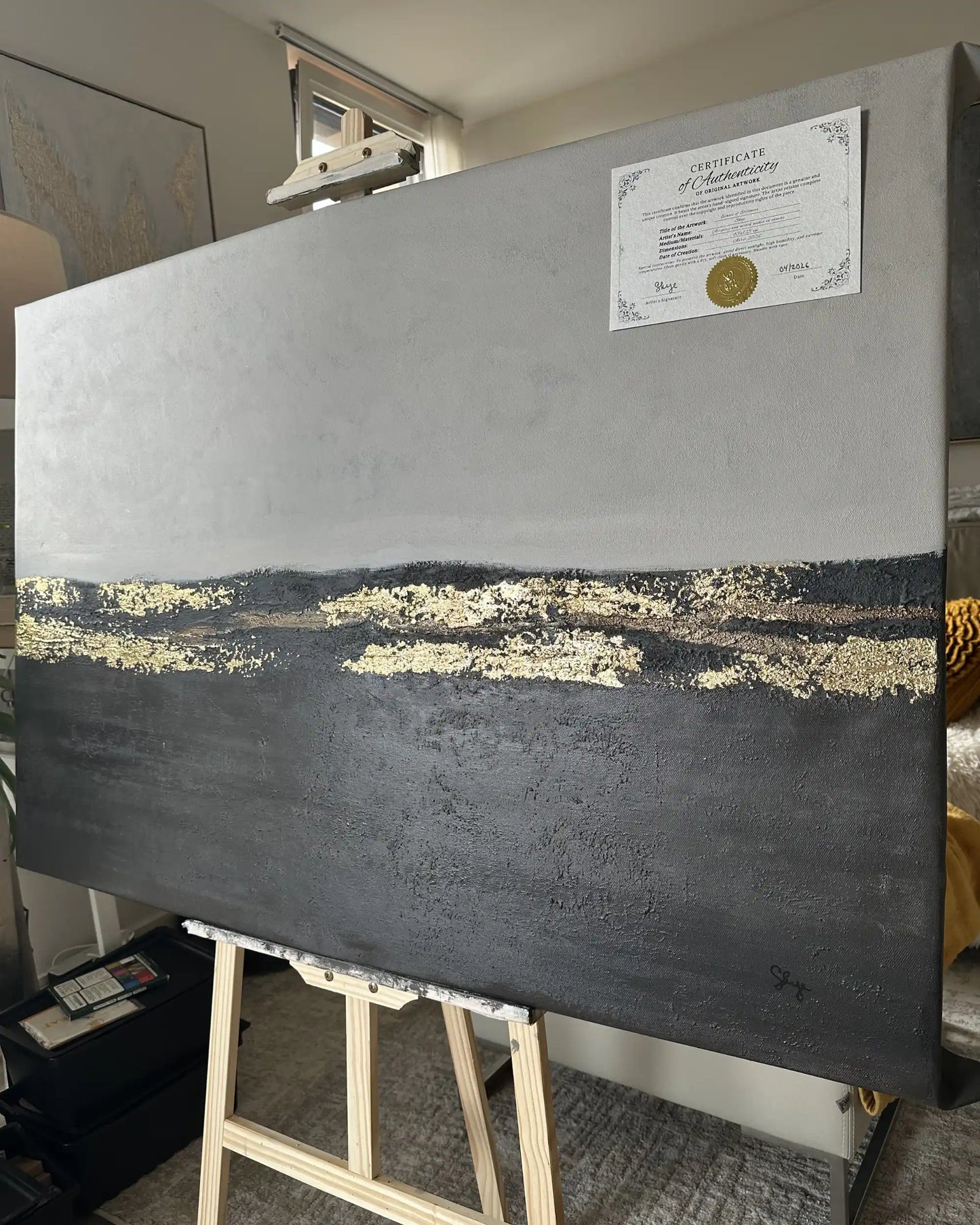 "Echoes of Stillness" Original Hand-Painted Gold Foil Canvas Wall Art by Skye