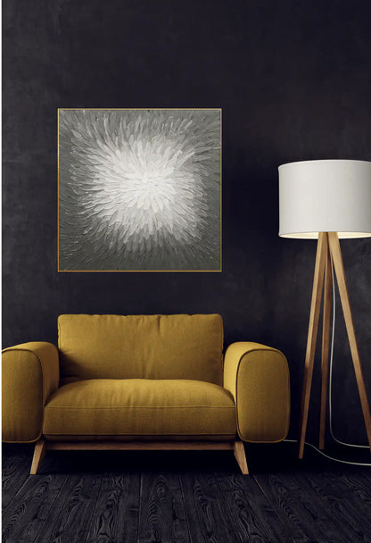 Dark Grey and White Burst Floral Abstract Hand-Painted Canvas Art | HP002