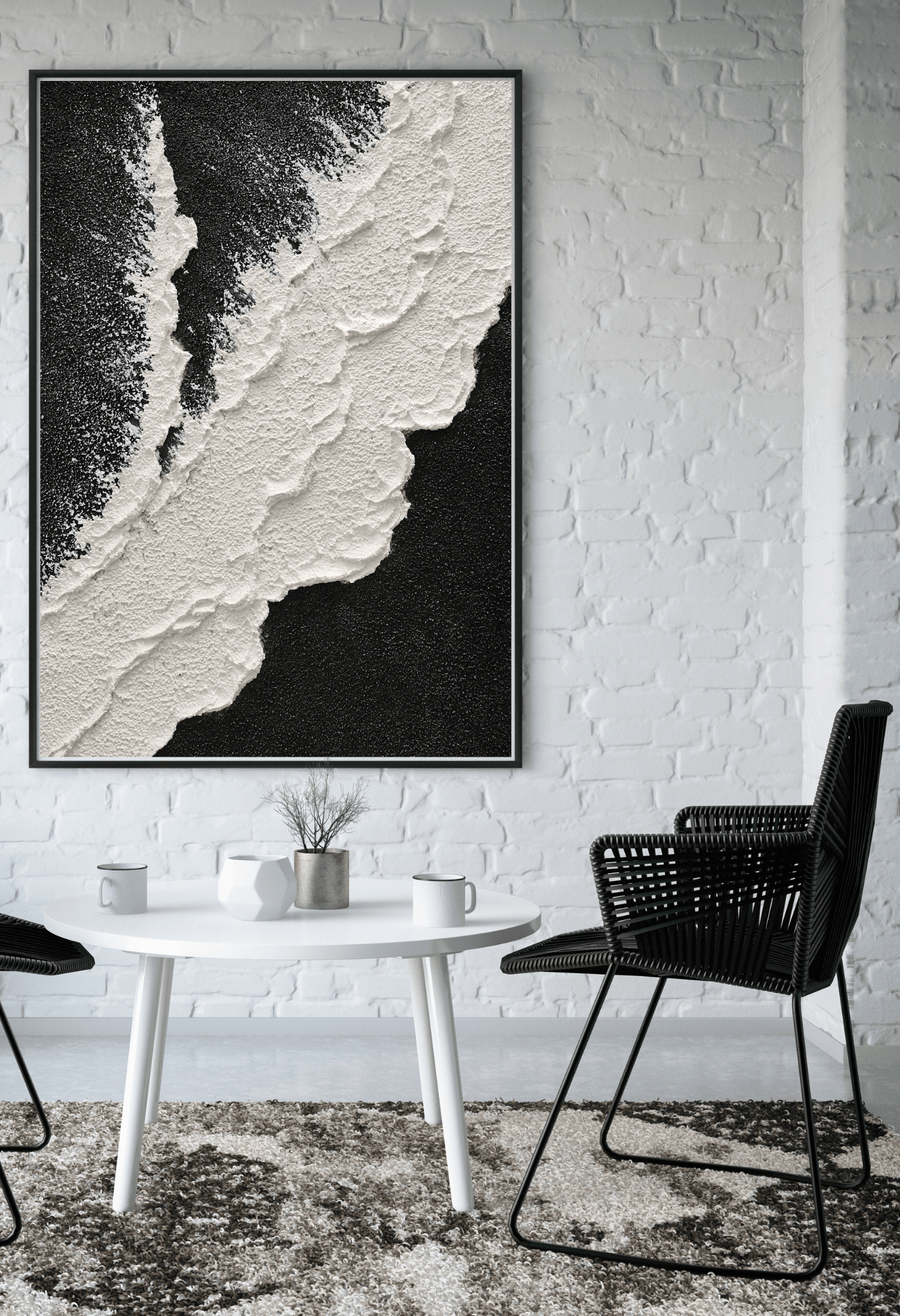 Black and White Wave Abstract Landscape Hand-Painted Canvas Art | HP057