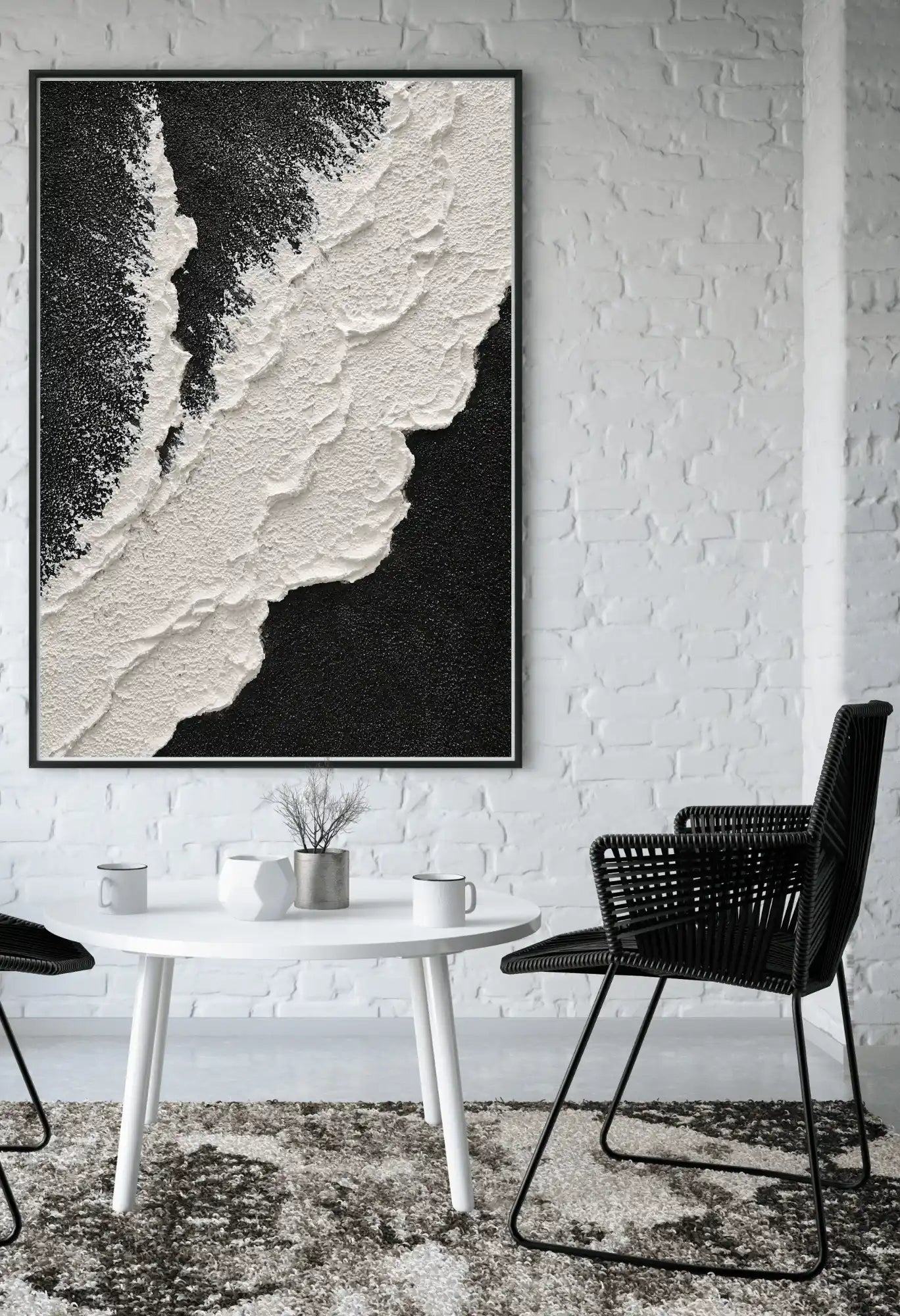 Black and White Wave Abstract Landscape Hand-Painted Canvas Art | HP057
