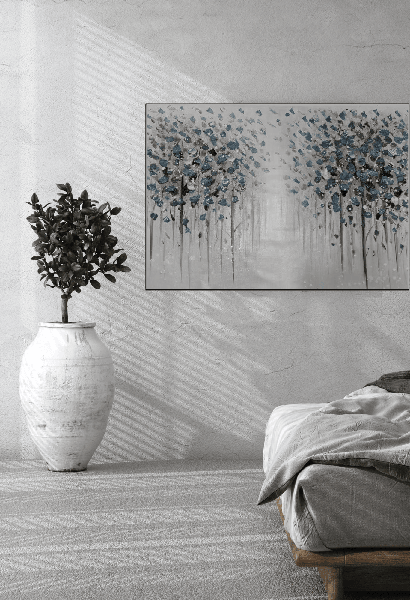 Muted Grey and Charcoal Forest Abstract Landscape Hand-Painted Canvas Art | HP014