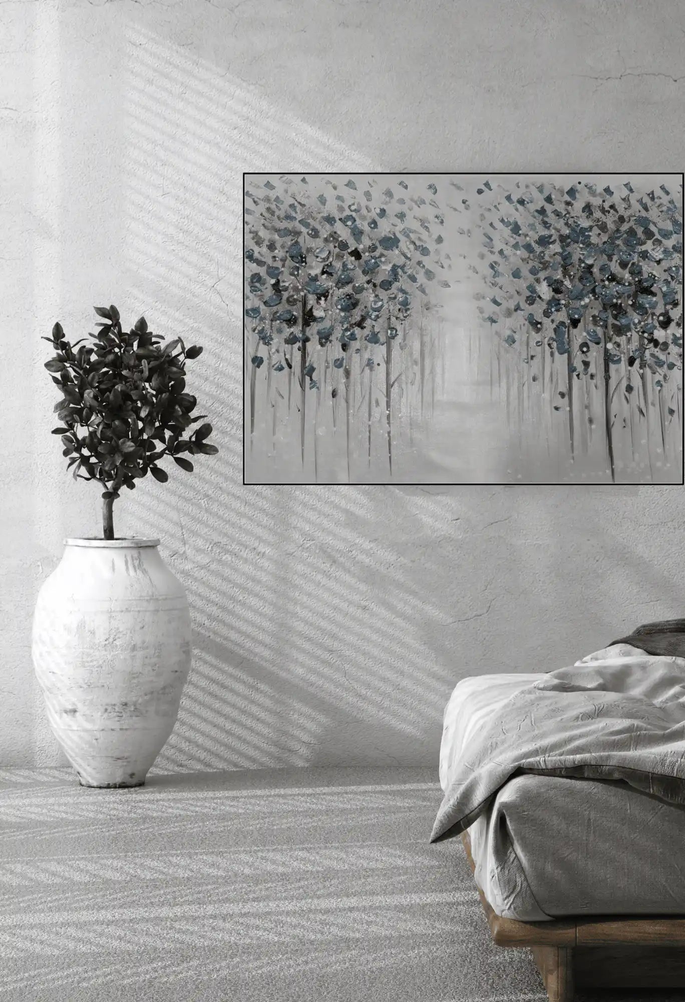 Muted Grey and Charcoal Forest Abstract Landscape Hand-Painted Canvas Art | HP014