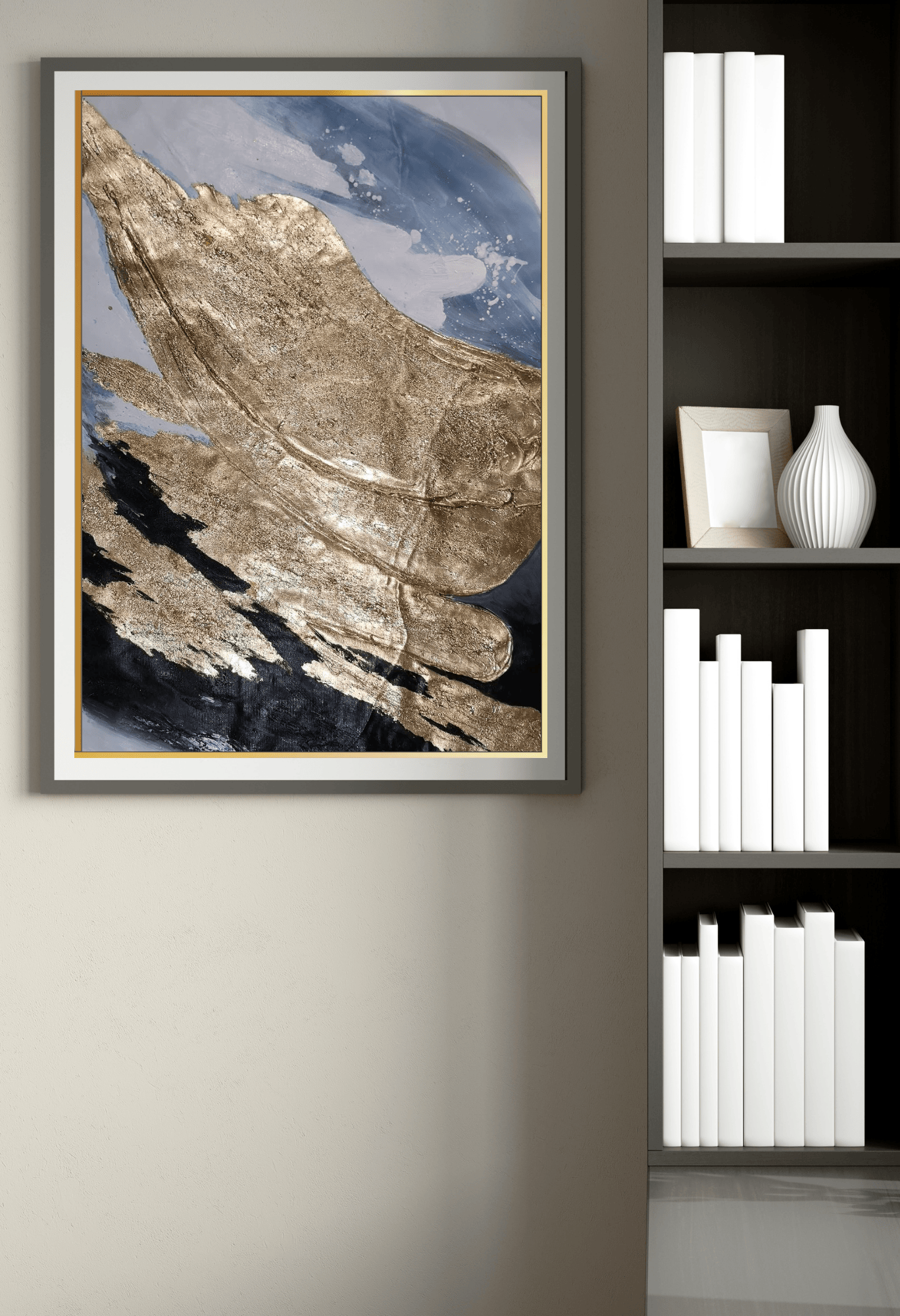 Blue-Grey and Gold Wave Abstract Landscape Hand-Painted Canvas Art | HP017