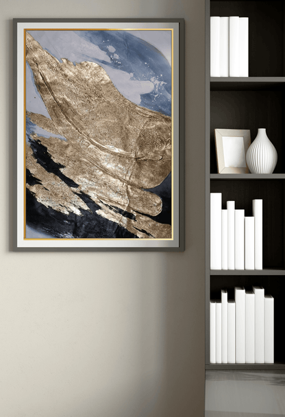 Blue-Grey and Gold Wave Abstract Landscape Hand-Painted Canvas Art | HP017