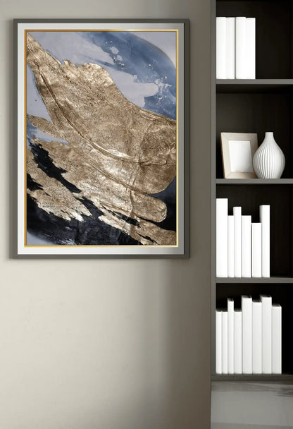 Blue-Grey and Gold Wave Abstract Landscape Hand-Painted Canvas Art | HP017
