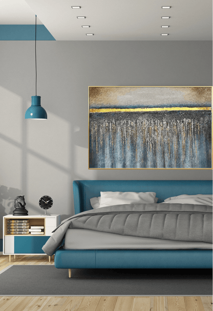 Blue Gold and Beige Abstract Horizon Canvas Print Wall Art 80x120 cm | CP114