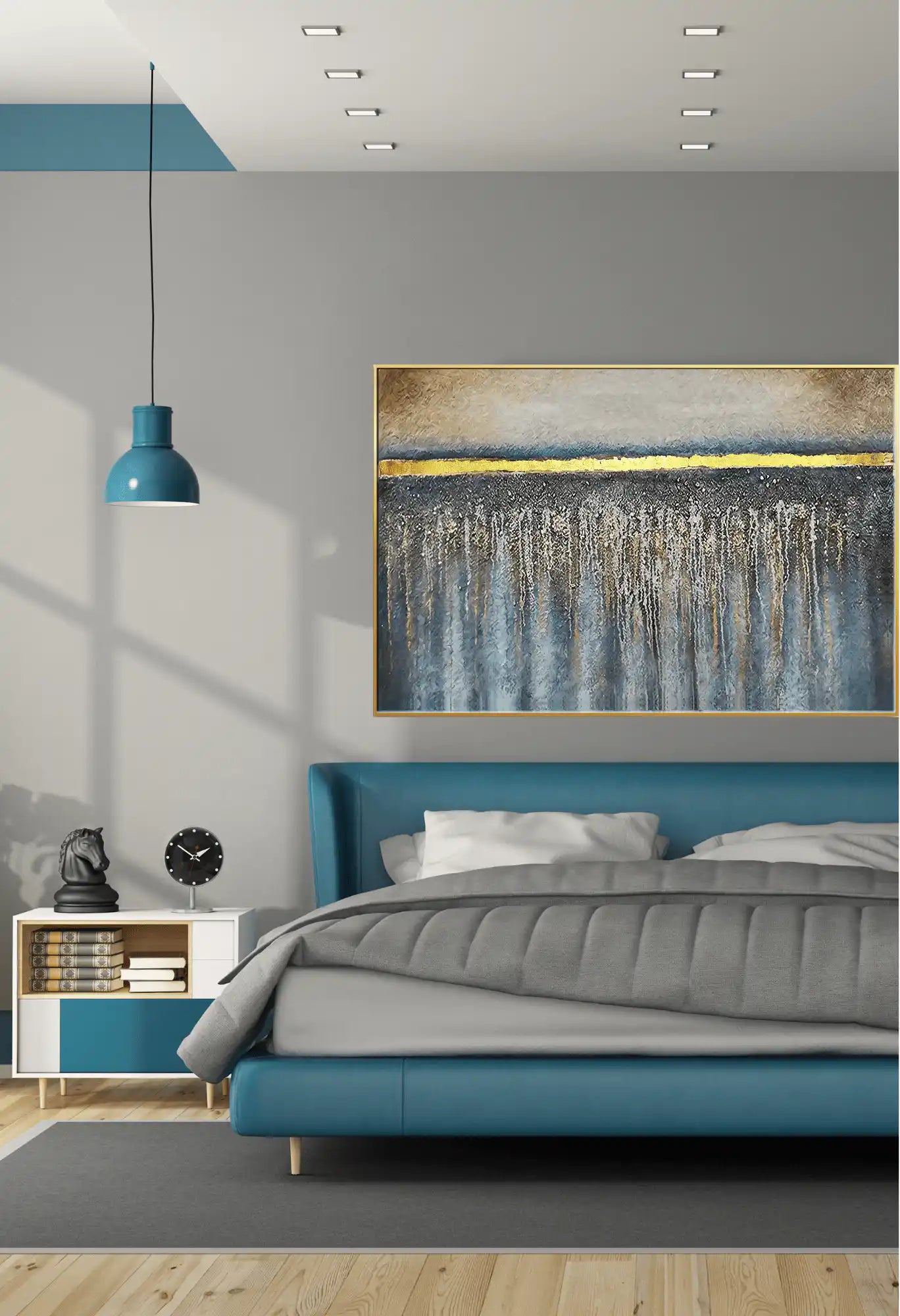 Blue Gold and Beige Abstract Horizon Oversize Canvas Print Wall Art | CP114