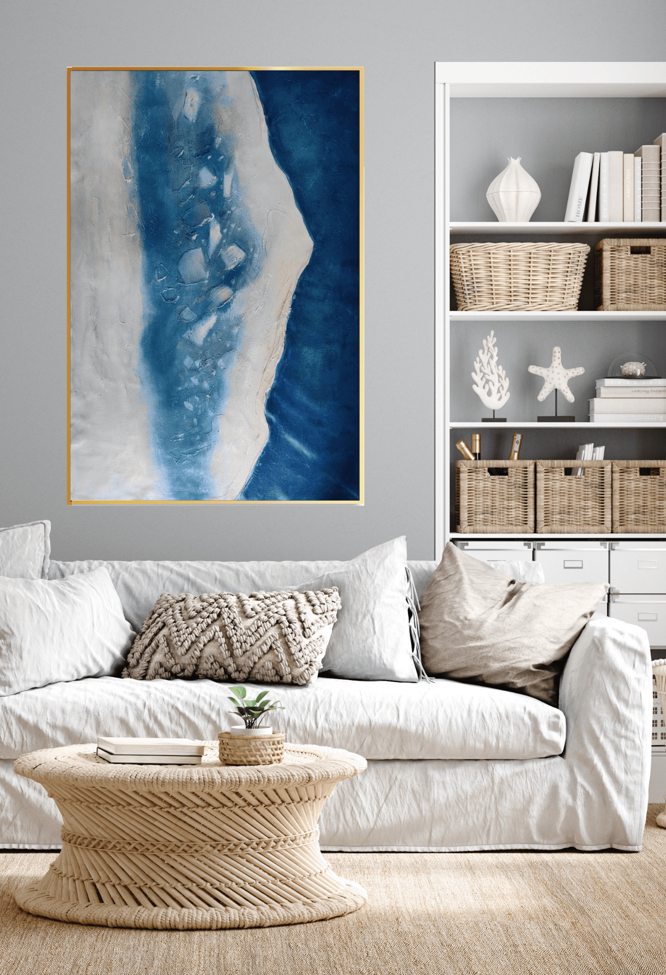 Deep Blue and White Geode Abstract Landscape Hand-Painted Canvas Art | HP016
